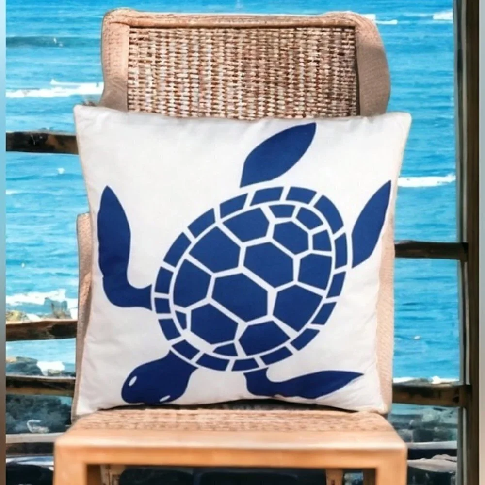 Coastal Pillow Cover Sea Turtle Nautical Graphic Beach 17.7 in Square Blue White